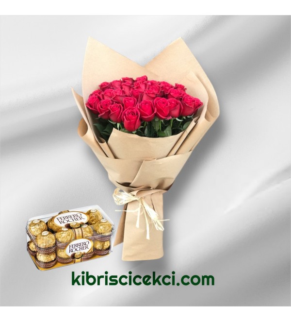 25 Kırmızı Gül Buketi 16'lı Ferrero Çikolata